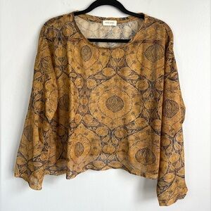 Krista Larson One Size • Yellow Sweater Floral Knit Sheer Top Blouse.